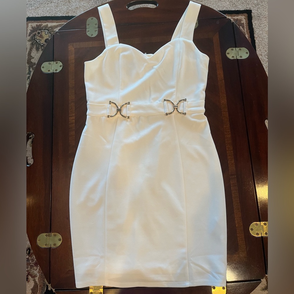 BCX - Lovely, White, Mini Dress w/ Gold Belt Accents